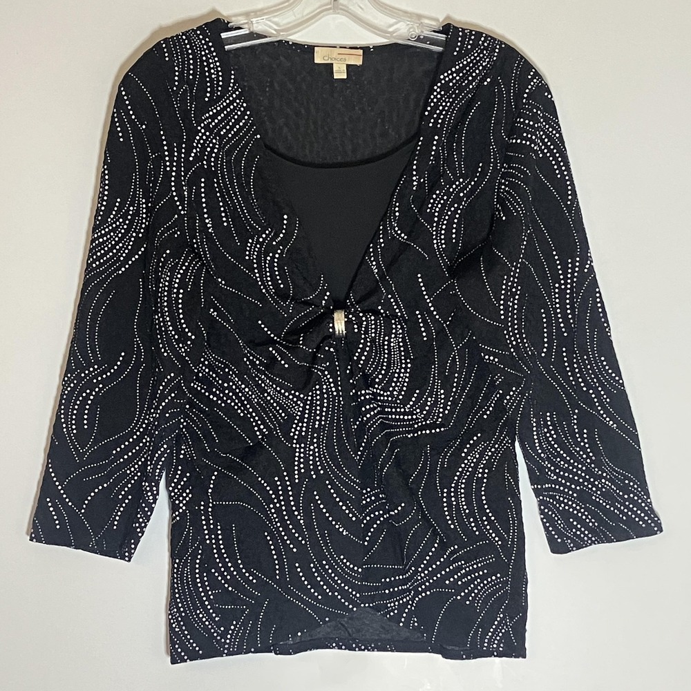 Choices Shirt Womens Large Black Sparkle Dot Sheer V Neck Ring Front Dressy